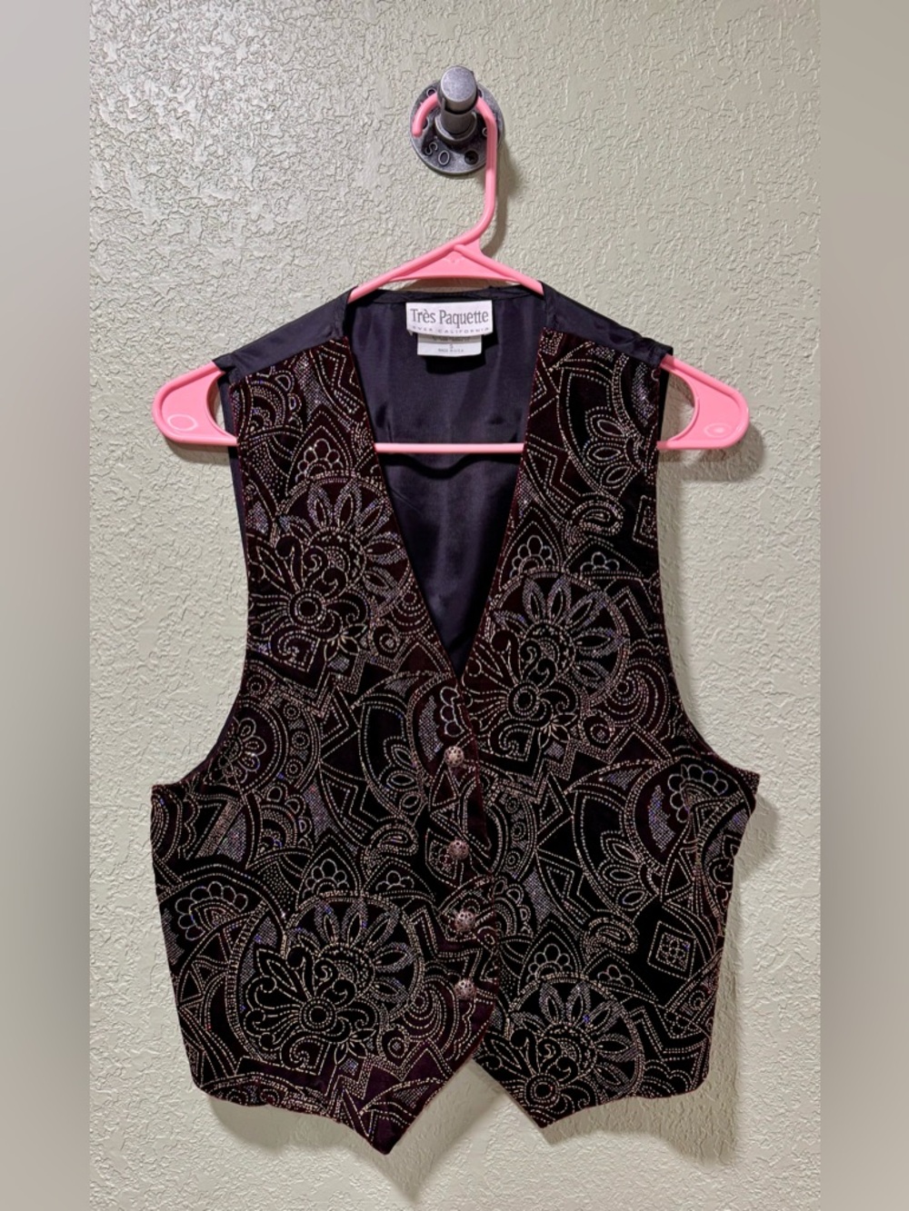 Women's 80’s Tres Paquette Black Velvet Maroon & Black Patterned Vest Size S
